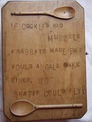 if cockles had mussels - unusual handmade cupboard made from chopping boards & kitchenalia