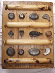 tea cakes & biscuits' (4 rolling pins) - unusual handmade cupboard made from chopping boards & kitchenalia